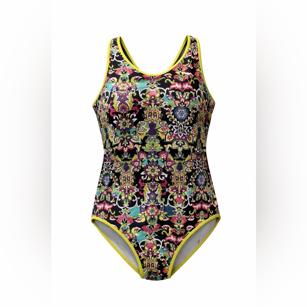 Athleta One Piece Swimsuit Size 12 Black Multicolor Floral Paisley Athletic Swim